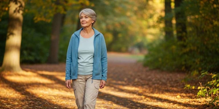 Mulher madura em momento de exercício físico leve em ambiente natural e ensolarado, focada em longevidade e saúde ativa.