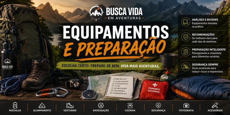 Hiking gear and camping equipment checklist laid out on a wooden table with a mountain landscape background.