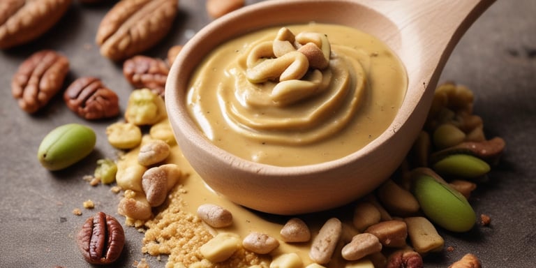 Close-up of creamy nut butter spread on rustic bread with nuts scattered around.