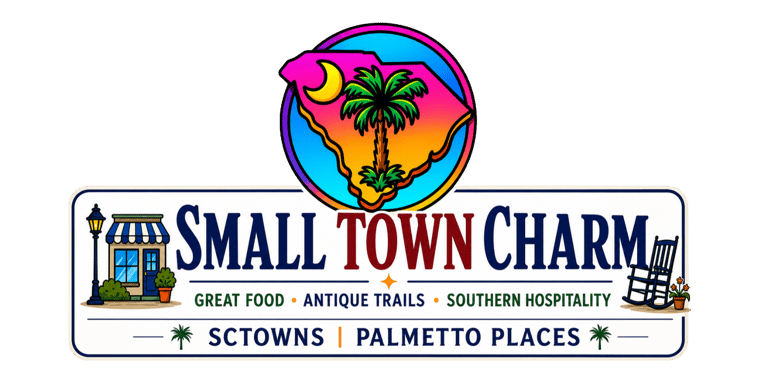 Cartoon style logo promoting Small Town Charm with SCTowns and Palmetto Places
