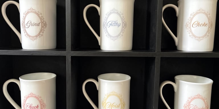 Six white bone china mugs featuring provocative words in elegant vintage frames on a black shelf.
