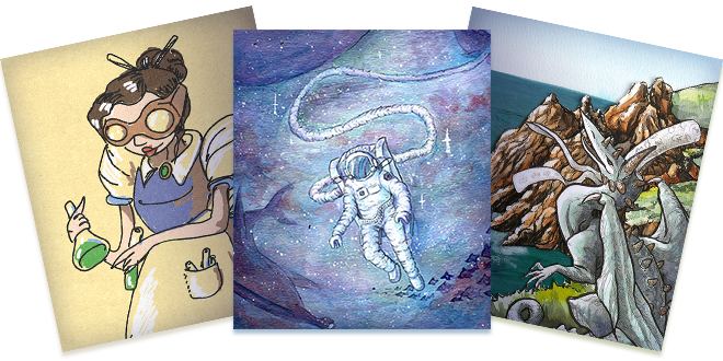 3 illustrations d'hasur en digital et en traditionnel montrant une chimiste, un astronaute et un dragon bigoudène