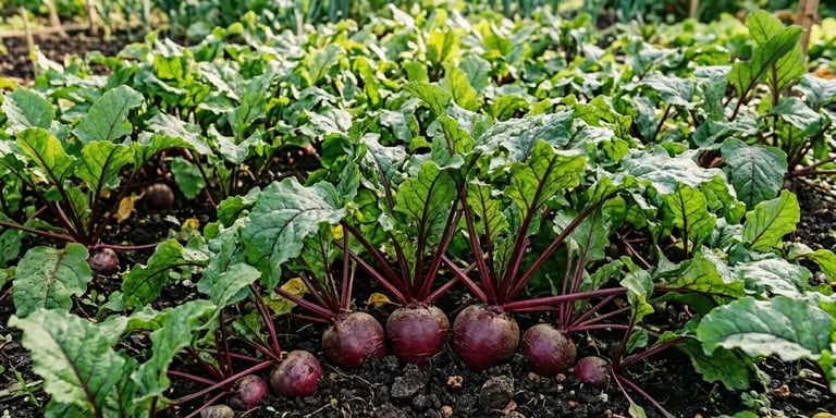 Beterrabas vermelhas orgânicas frescas no solo do jardim com folhas e talos verdes.