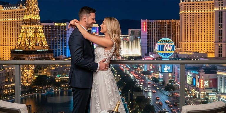 a bride and groom standing on a balcony overlooking the las vegas strip