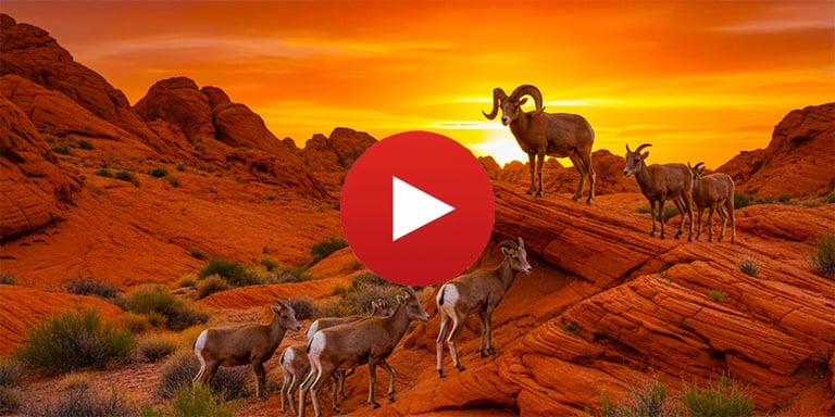 A herd of desert bighorn sheep standing on red sandstone rocks at sunset in Valley of Fire State Park.