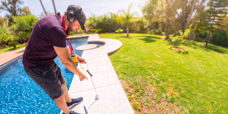 Professional pool technician using electronic acoustic equipment to detect swimming pool leaks.