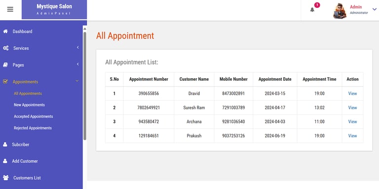 Online Salon Booking System - All Appointments