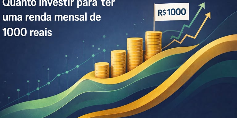 Gráfico de crescimento financeiro com moedas de ouro e texto sobre renda mensal de 1000 reais.