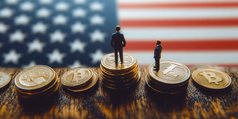 “Representación de criptomonedas y figuras empresariales frente a la bandera de Estados Unidos que s