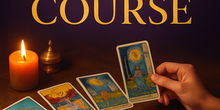 A serene setup of tarot cards spread out on a wooden table with soft candlelight