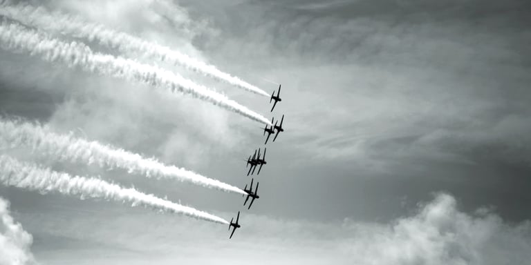 Black and white image of the Red Arrows at the Goodwood Festival of Speed
