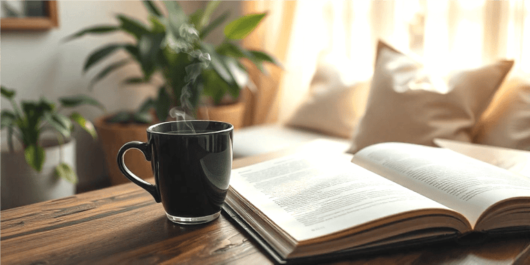 a cup of coffee and a book on a table