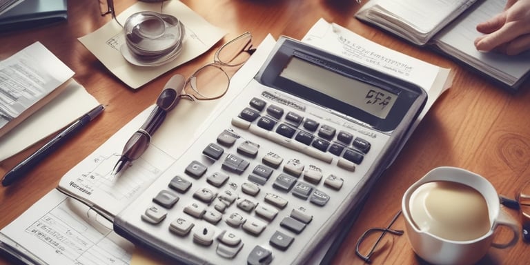 A close-up view of a financial document with printed figures and text, accompanied by a black pen resting on the paper. To the left, a digital calculator displays a number, suggesting it is used for calculations related to the document.