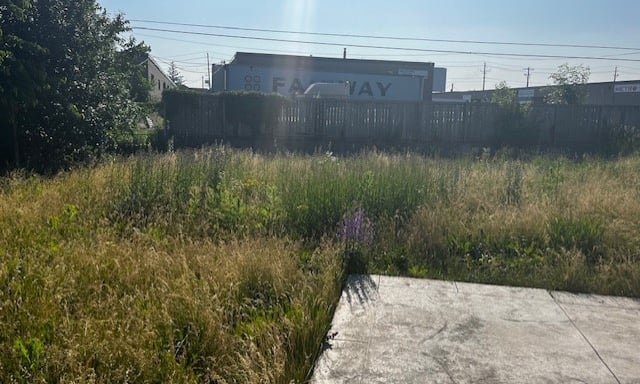 Overgrown grassy field and concrete pad near an industrial warehouse with commercial buildings.