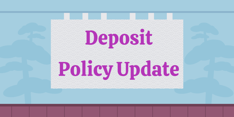 a sign that says "Deposit Policy Update" in pink text