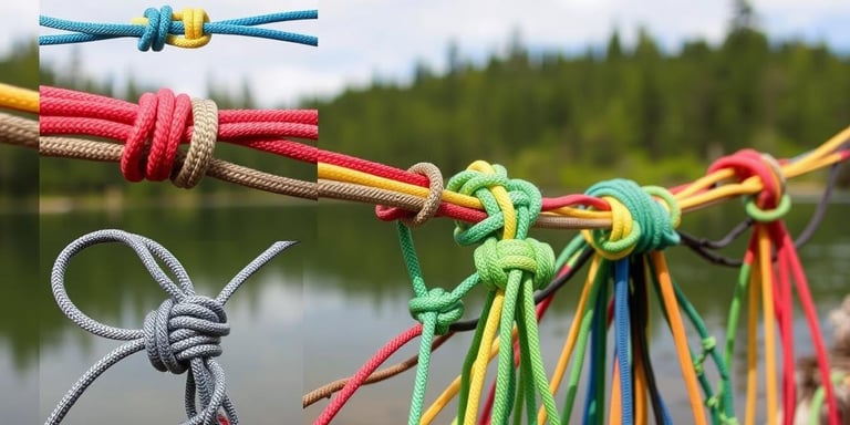 A close-up view of various knot-tying techniques for constructing a fishing net made from paracord,
