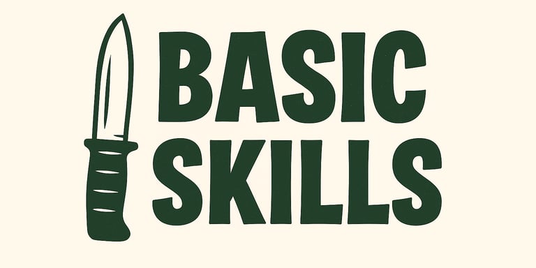 Basic Survival Skills section banner with knife icon — fundamental wilderness skills, bushcraft basics, prepping knowledge