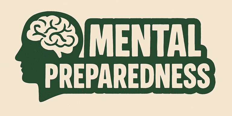 Mental Preparedness header image with brain and mountain icon, focused on survival mindset, emotional resilience, and decisio
