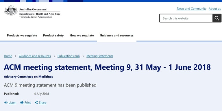 Screen shot of part of Advisory Committee on Medicines statement 2018