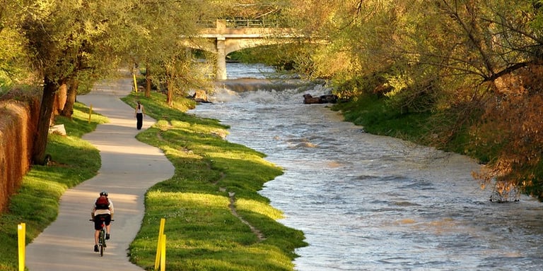 Cyclist and walker on the Los Angeles River Bike Path