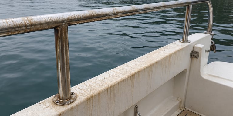Rust stains and corrosion on a boat's stainless steel railing and white fiberglass deck.