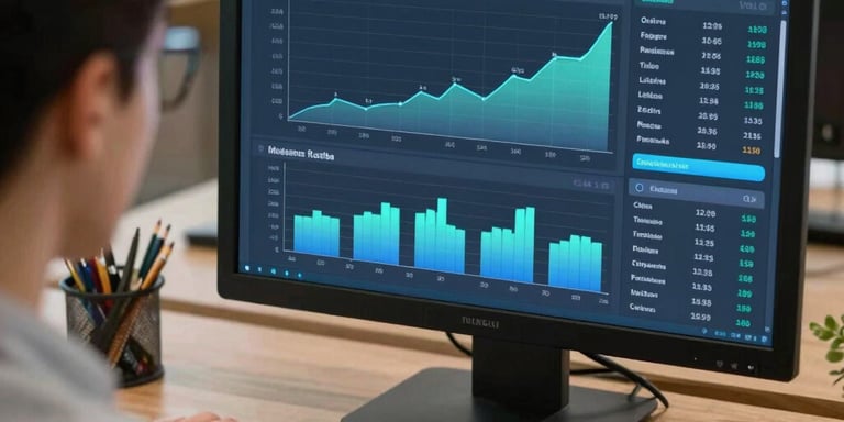 A person analyzing data on a computer monitor displaying financial growth charts and analytics.