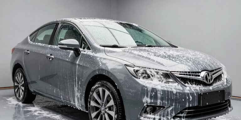 Shiny exterior of a luxury car freshly hand-washed and gleaming under sunlight.