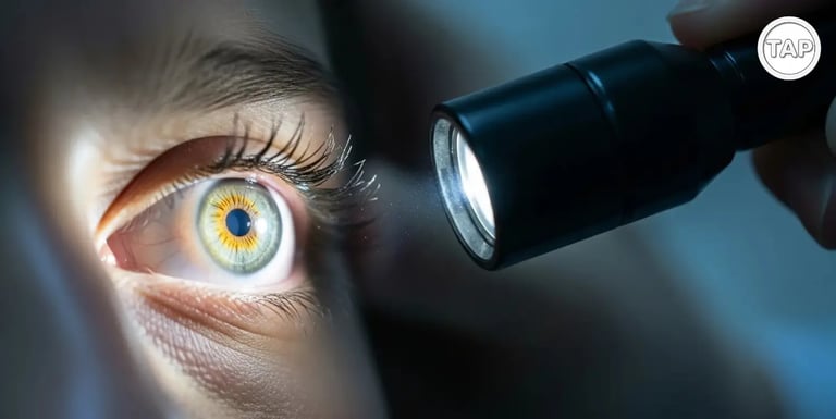 Optometrist doing torch light eye examination looking for eye problems and eye diseases.