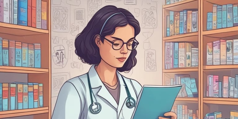 a woman in a lab coat is holding a tablet computer