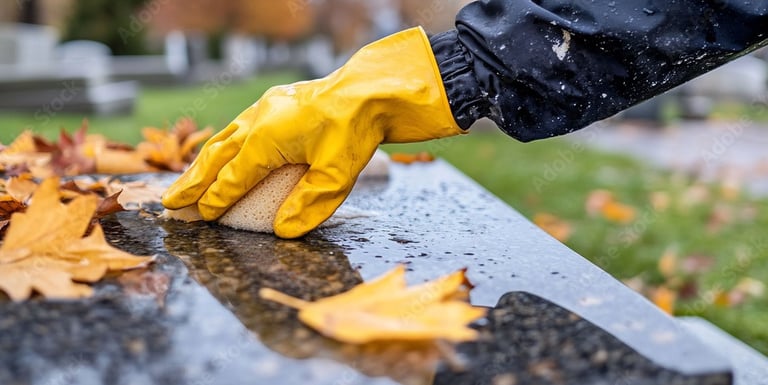 a person cleaning a headstone