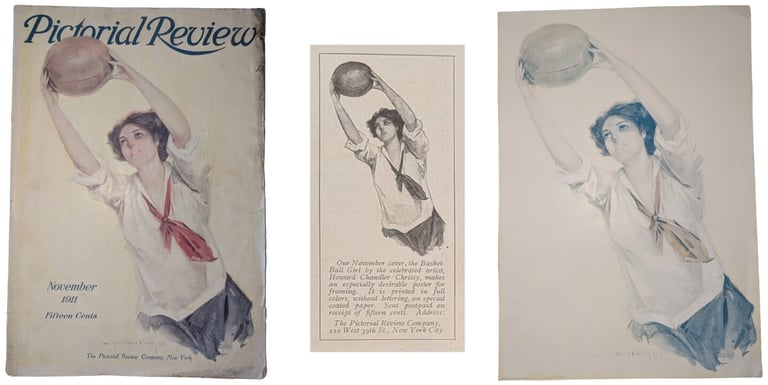 November 1911 Pictorial Review Magazine & Poster Girl holding basketball above her head
