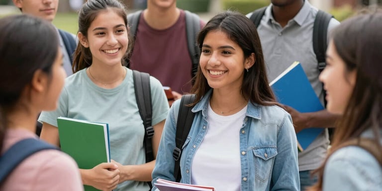 A diverse group of international students smiling together outside a Spanish university campus.