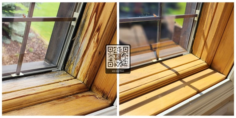 Before and after wood window frame restoration showing repair of water damage and wood rot.