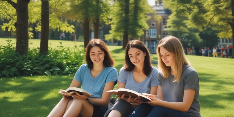 A friendly consultant discussing study options with a young student in a bright office.
