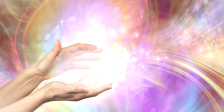 Ilustração de uma fonte de energia saindo das mãos de uma pessoa durante um processo de emanação.
