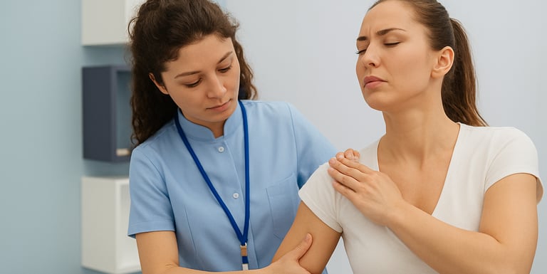 Manual therapy on shoulder to reduce pain from supraspinatus tendinitis.
