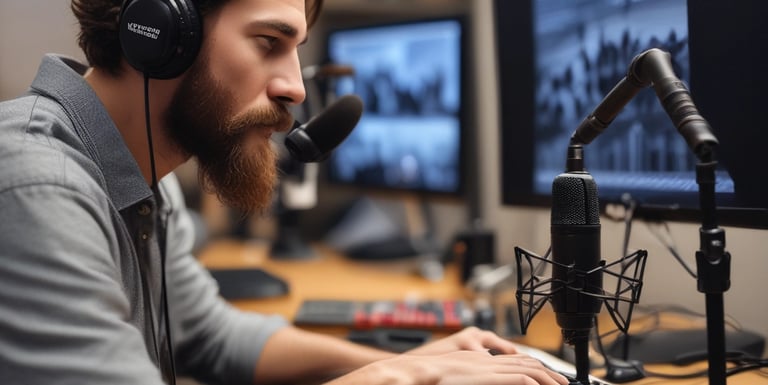 Podcaster recording audio with a microphone