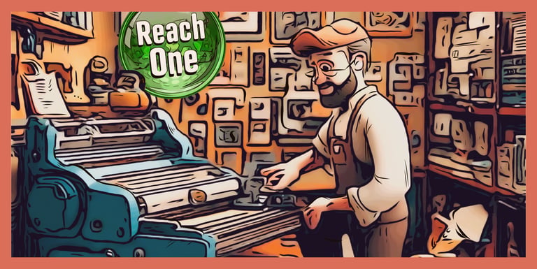 Cartoon illustration of a printer working at a press to create content