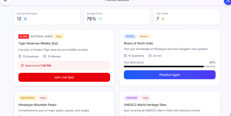 Image of Quizzes page for learning