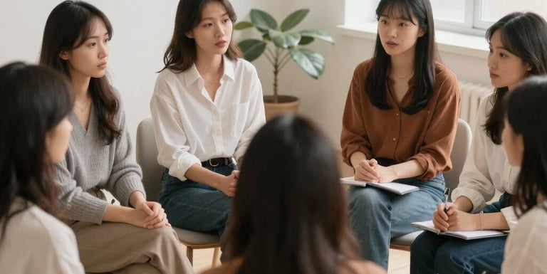 A warm, inviting coaching session with a woman journaling and smiling.