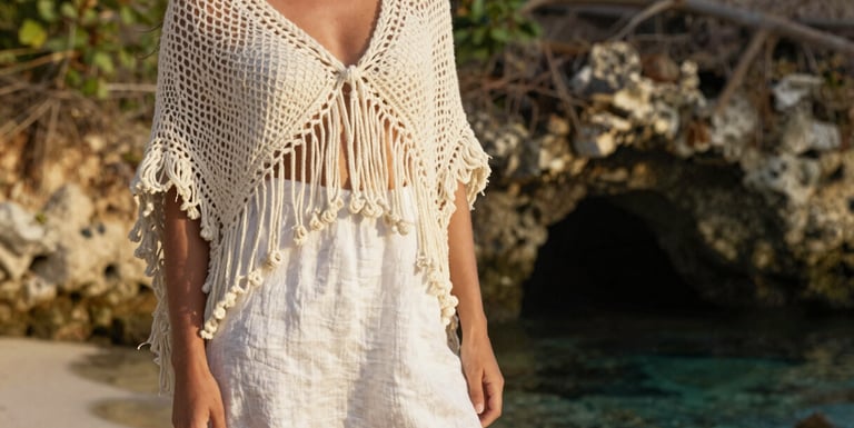 Mujer con un pareo bohemio de ganchillo color crema y una falda de lino blanca en una playa tropical