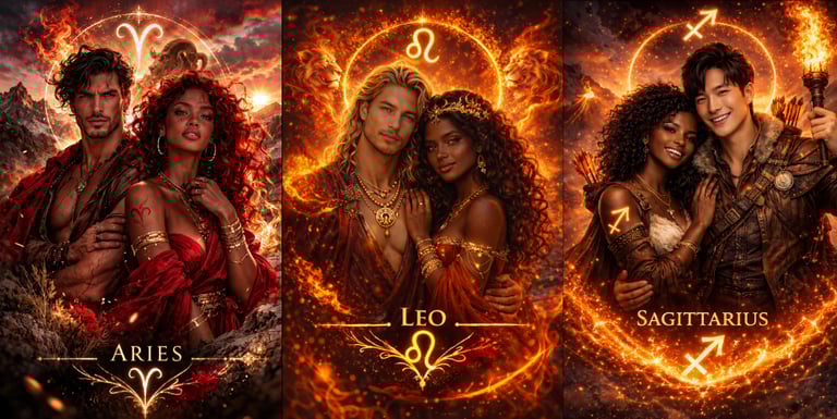Fantasy fire zodiac art featuring couples for Aries, Leo, and Sagittarius astrology signs.