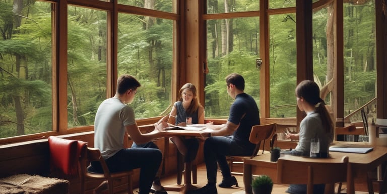 A calm office scene with professionals discussing international trade documents over a wooden table.