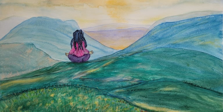 Aquarellgemälde einer meditierenden Person in einer Berglandschaft bei Sonnenaufgang – inspiriert vo
