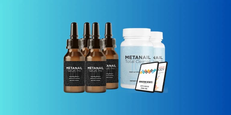 Three bottles of Metanail Serum Pro, one bottle of Metanail Total Cleanse, with ebook bonuses