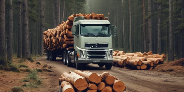 A snowy yard with tall stacks of lumber and wooden planks. Two people are visible, one near a cart filled with wood. The area is surrounded by tall, bare trees indicating a winter setting.
