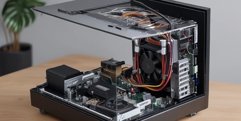 Technician repairing a computer with tools on a desk, featuring black, yellow, and blue elements.