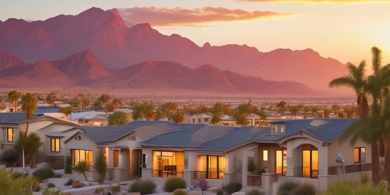 A modern, single-story house with a flat roof is situated in a desert landscape. The house has a large glass garage door and several windows. The exterior of the house is a mix of white and dark blue colors. There are a few palm trees near the house, and the background consists of rugged desert mountains.