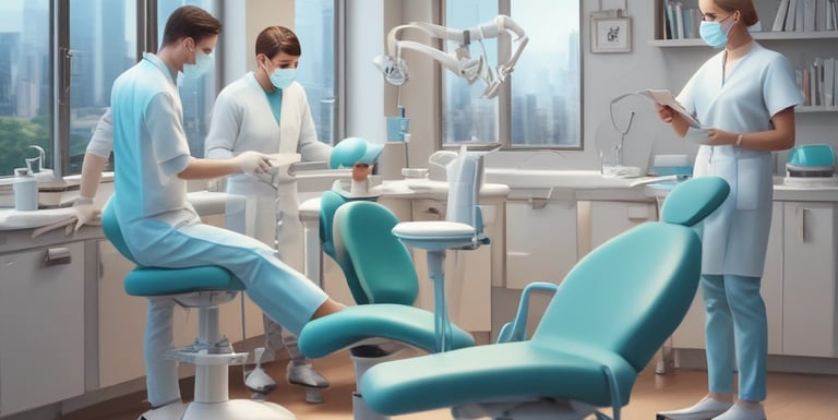 A dentist working on a patient with a modern dental clinic website displayed on a laptop nearby.