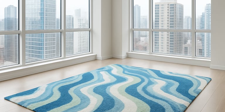 A technician carefully steam cleaning a plush carpet in a stylish Los Angeles living room with palm trees visible through the window.
